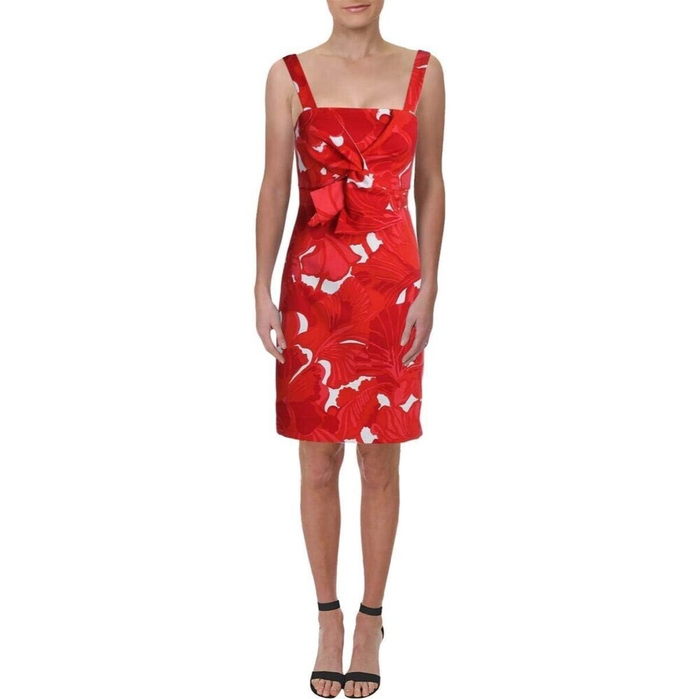 Trina Turk Lanai Twist Dress Womens 4 Red Floral Square Neck Bow Sheath Tropical